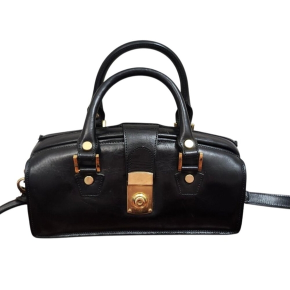 Francesco Rogani Black Leather Structured Handbag Gold Hardware Top Handle - Picture 9 of 15